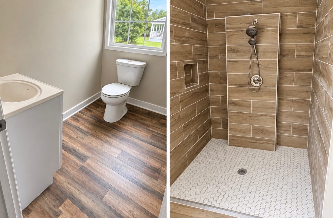 Bathroom with sink, toilet and window, and an open tiled shower with a handheld shower head
