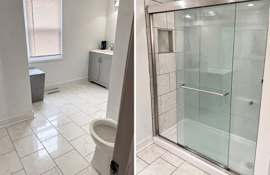 Tiled bathroom with vanity and toilet, and a walk-in shower with sliding glass doors