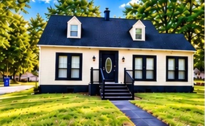 Front of the home: a cream house with a dark roof, two dormer windows and front steps